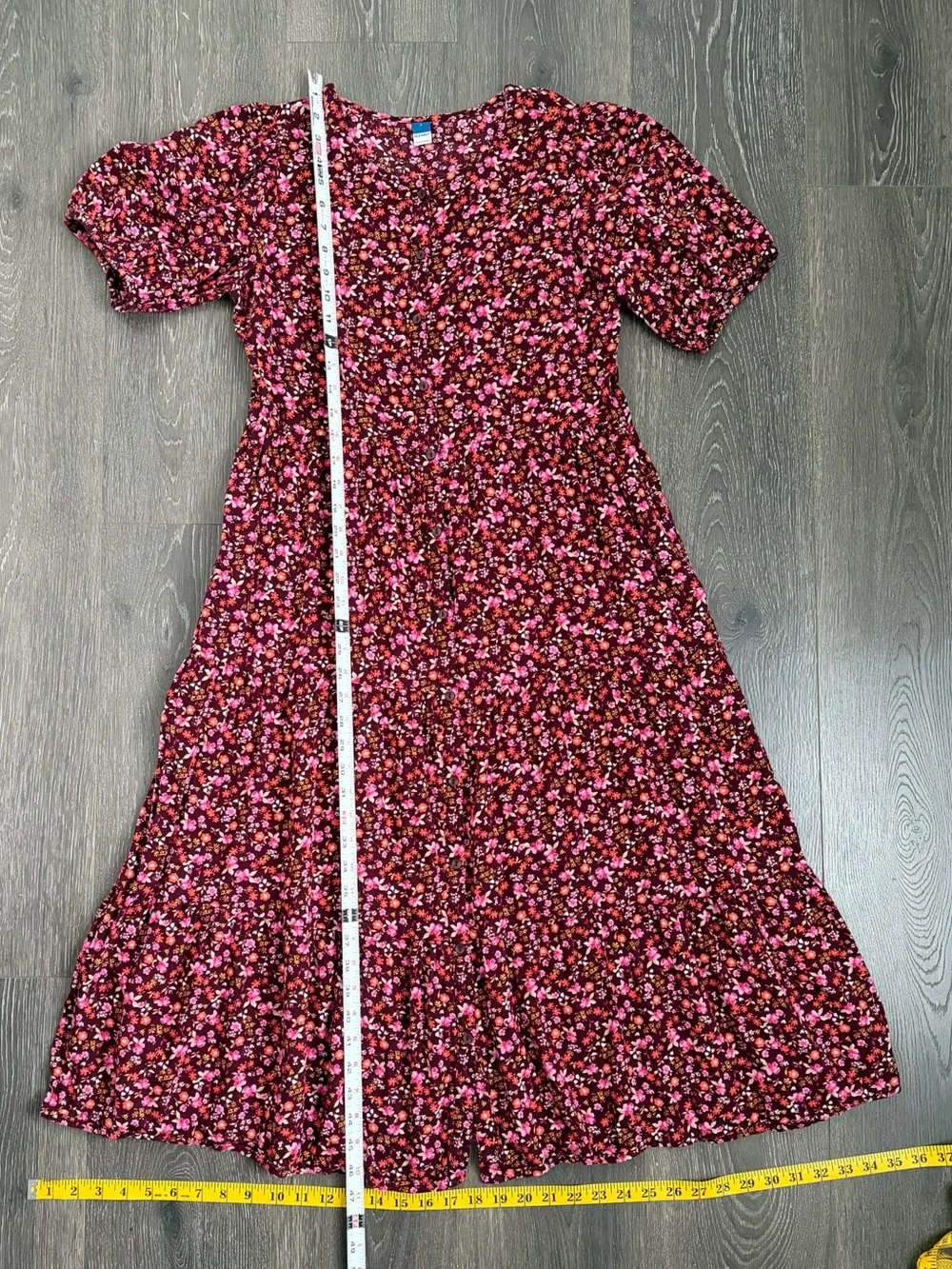 Old Navy Burgundy and Pink Floral Puff-Sleeve Maxi Dress Cottagecore Size Small - Picture 4 of 7